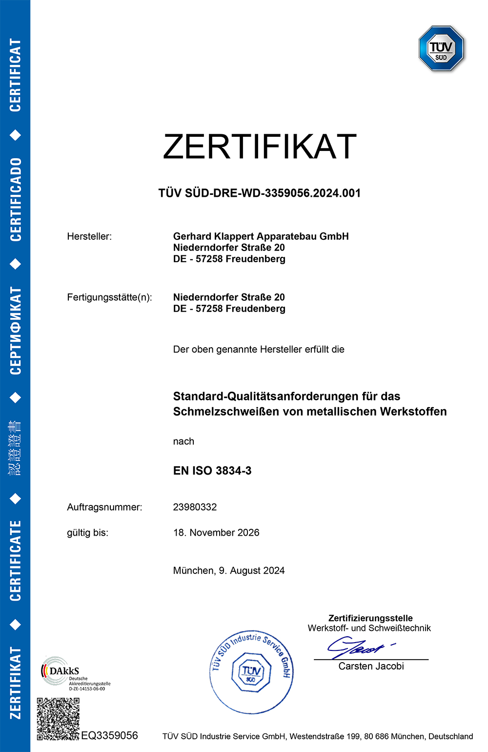 Standart-Qualitätsanforderungen für das Schmelzschweißen von metallischen Werkstoffen nach EN ISO 3834-3
